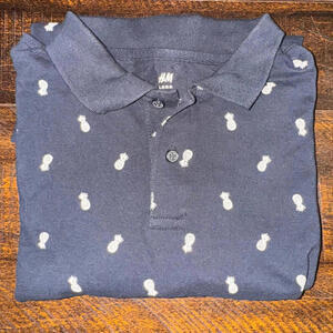H&M LOGG Pineapple Print Cotton Mens Polos Polo Shirt Navy Blue White Large